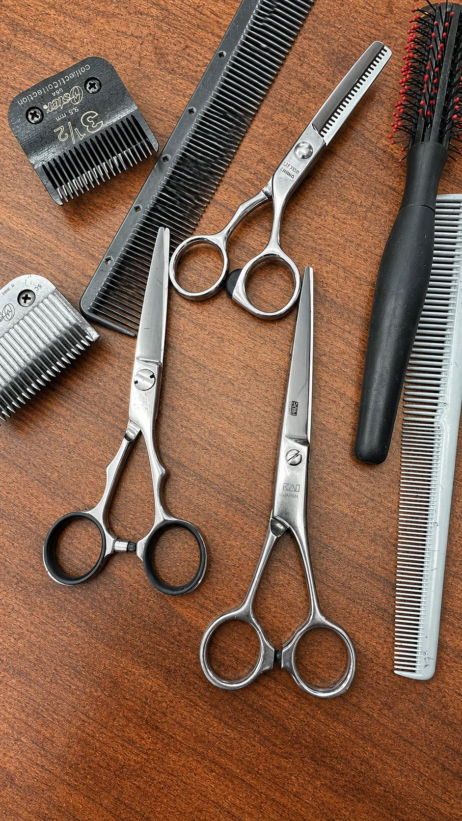 Professional barber scissors, combs and tools